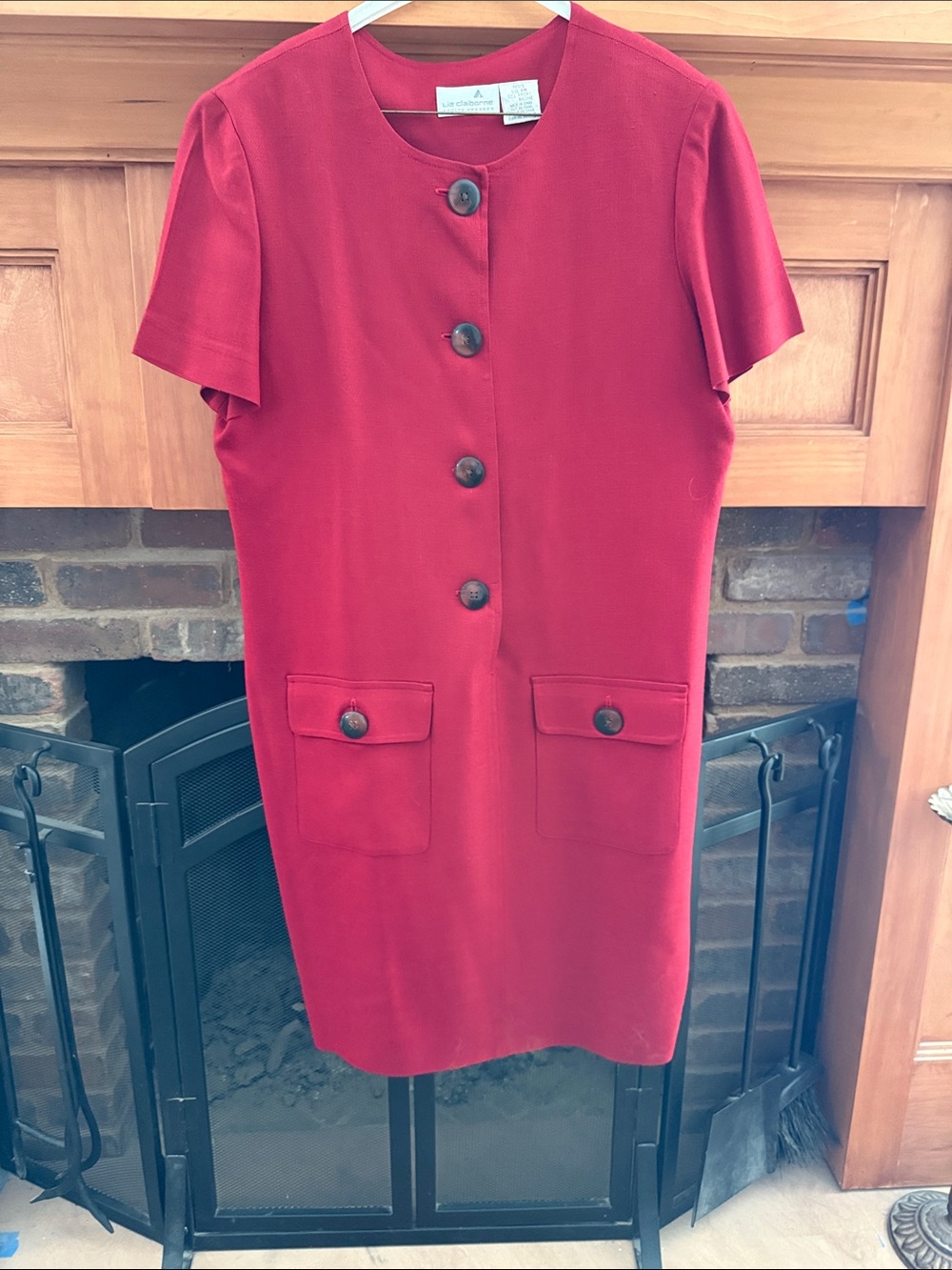 Vintage Liz Claiborne Red Rayon Short-Sleeve Button Front Sheath Dress Size 14P